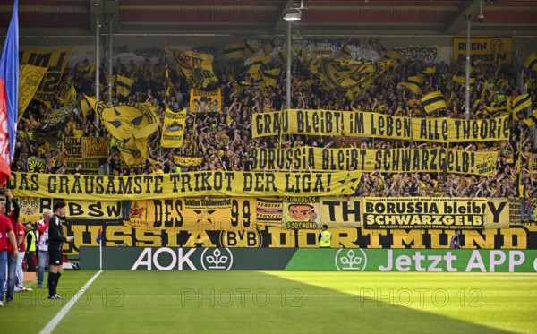 Fan block, fans, fan curve, flags, flags, atmosphere, atmospheric Borussia Dortmund banner, poster, banner, banner, fan action against design of the away jersey, Voith-Arena, Heidenheim, Baden-Württemberg, Germany
