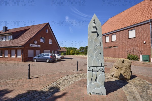 1000 year fountain, Rempen restaurant, clinker brick building, general development, pointed roofs, clinker brick pavement, concrete paving stone road, vehicles, blue sky, cirrostratus clouds, intersection of Hauptstraße, Nonnenpfad and In den Gärten, Alfhausen, district of Osnabrück, Lower Saxony, Germany
