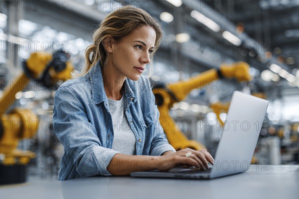 Electronics Factory Manager Working on Laptop at an Industrial Manufacture with Robotic Arms. Female Specialist Monitoring Data on a Computer, Checking and Planning Production Process, AI generated