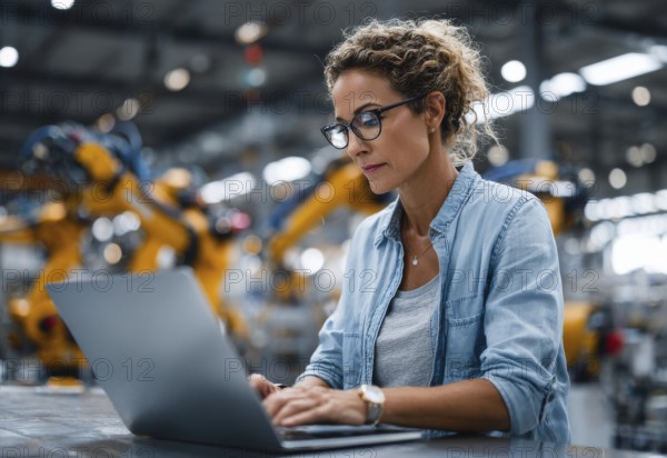 Electronics Factory Manager Working on Laptop at an Industrial Manufacture with Robotic Arms. Female Specialist Monitoring Data on a Computer, Checking and Planning Production Process, AI generated