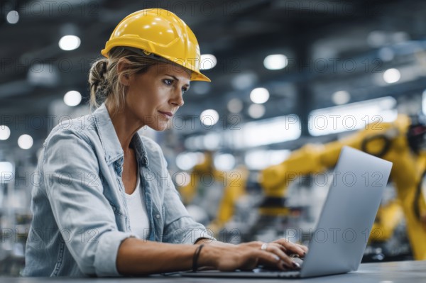 Electronics Factory Manager Working on Laptop at an Industrial Manufacture with Robotic Arms. Female Specialist Monitoring Data on a Computer, Checking and Planning Production Process, AI generated