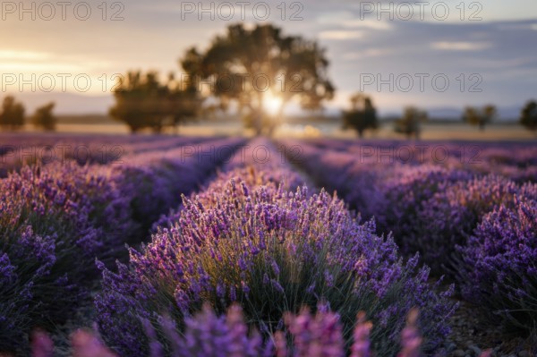 Endless lavender fields and rows of lavender flowers at scenic sunset, AI generated