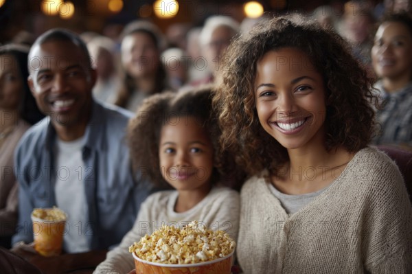 Family eating popcorn while watching the movie. Quality family time, AI generated