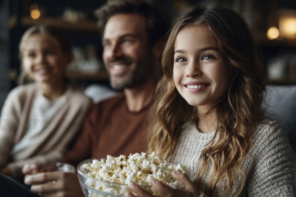 Family eating popcorn while watching the movie. Quality family time, AI generated