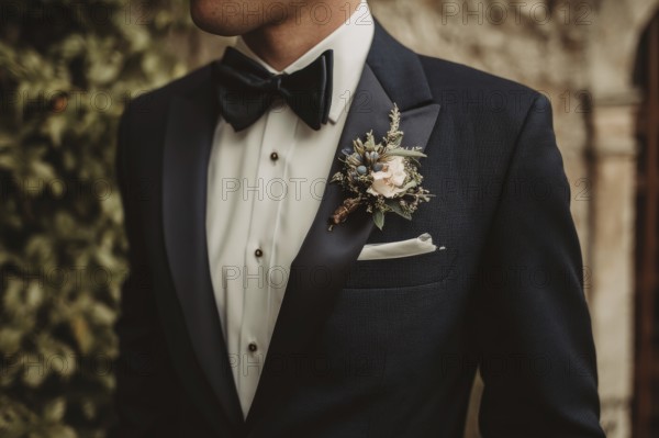 Handsome groom in elegant costume before the weeding waiting to join his bride, AI generated