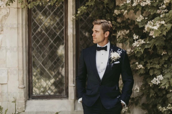 Handsome groom in elegant costume before the weeding waiting to join his bride, AI generated