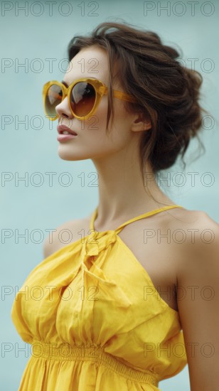 Fashion beautiful lady poses in fashionable modern clothes on yellow background. Model poses showing new fashion collection, AI generated