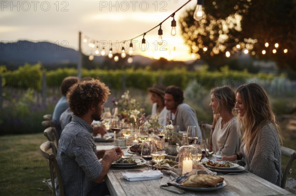 Family enjoying dinner together in the backyard during sunset, AI generated