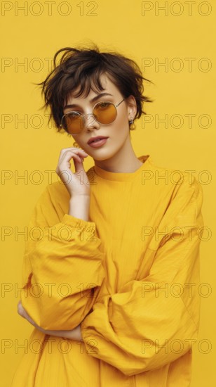 Fashion beautiful lady poses in fashionable modern clothes on yellow background. Model poses showing new fashion collection, AI generated