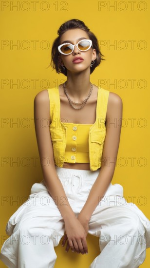 Fashion beautiful lady poses in fashionable modern clothes on yellow background. Model poses showing new fashion collection, AI generated