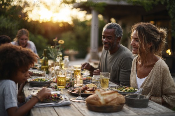 Family enjoying dinner together in the backyard during sunset, AI generated