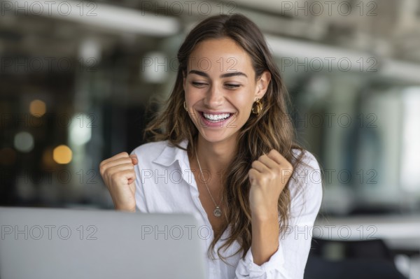 Emotional business woman showing happiness. Concept of winning and achieving corporate goals and success, AI generated