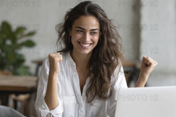 Emotional business woman showing happiness. Concept of winning and achieving corporate goals and success, AI generated