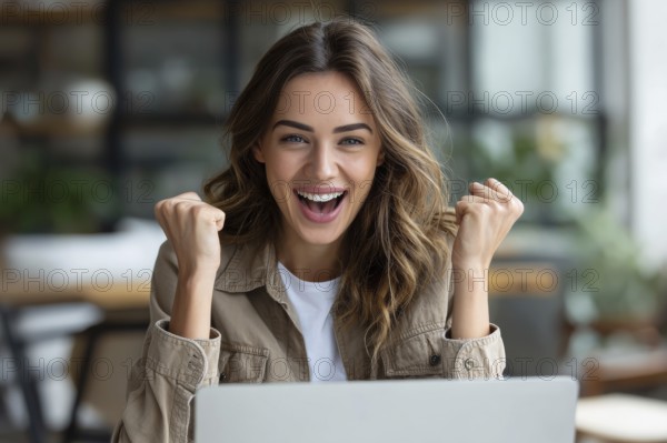 Emotional business woman showing happiness. Concept of winning and achieving corporate goals and success, AI generated