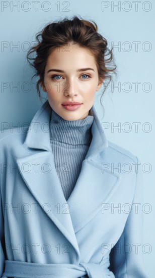 Fashion portrait of young elegant woman in blue coat. on light blue background. Model poses showing new fashion collection, AI generated