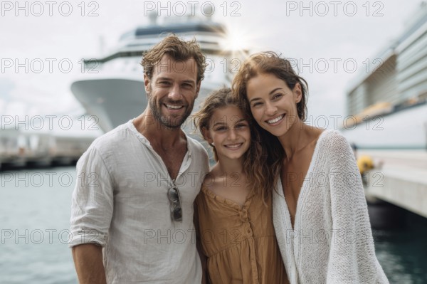 Happy family on vacation stands in front of cruise ship, AI generated