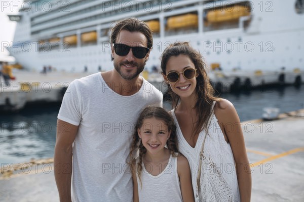 Happy family on vacation stands in front of cruise ship, AI generated