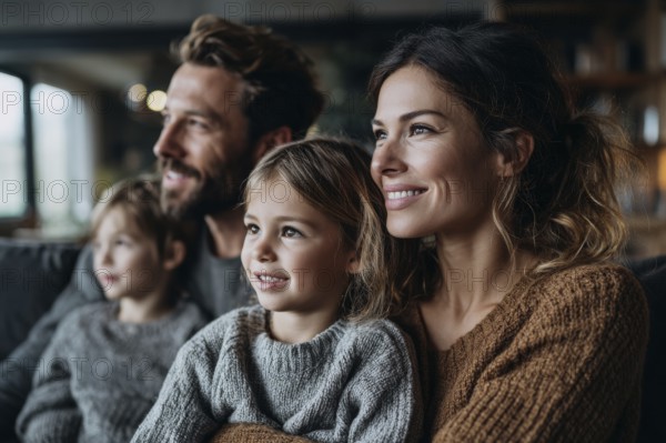 Family with children enjoying home entertainment and watching movie from streaming platform, AI generated