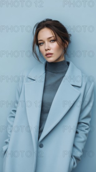 Fashion portrait of young elegant woman in blue coat. on light blue background. Model poses showing new fashion collection, AI generated
