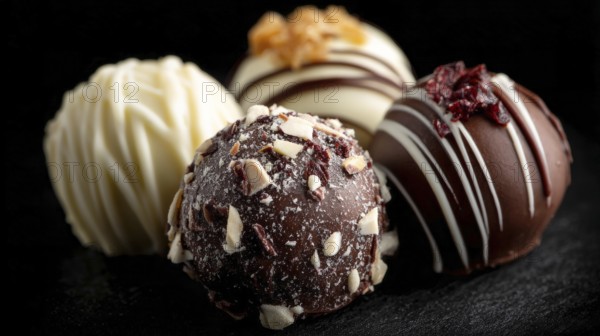 Elegant Dark and White Chocolate Truffles on Black Background. Healthy diet and healthy lifestyle, AI generated