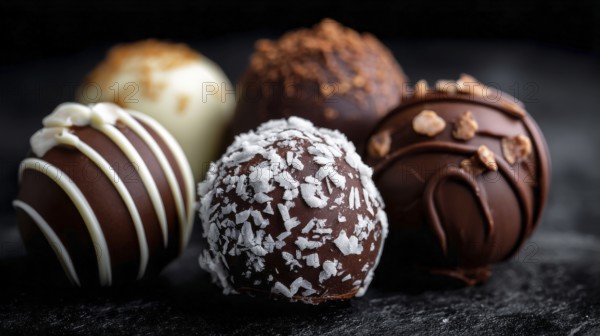 Elegant Dark and White Chocolate Truffles on Black Background. Healthy diet and healthy lifestyle, AI generated
