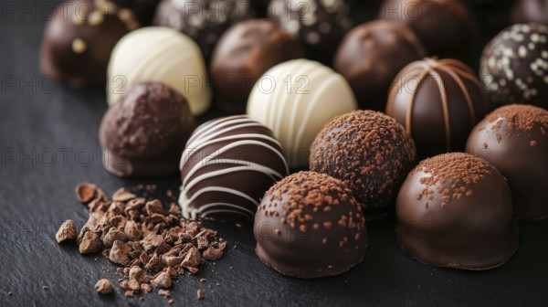 Elegant Dark and White Chocolate Truffles on Black Background. Healthy diet and healthy lifestyle, AI generated