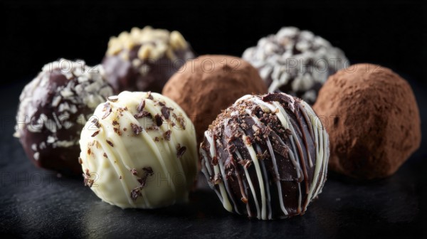 Elegant Dark and White Chocolate Truffles on Black Background. Healthy diet and healthy lifestyle, AI generated