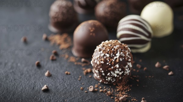 Elegant Dark and White Chocolate Truffles on Black Background. Healthy diet and healthy lifestyle, AI generated