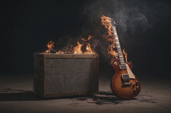 Concept of rock and roll and heavy metal music illustrated by burning guitar and amplifier, AI generated