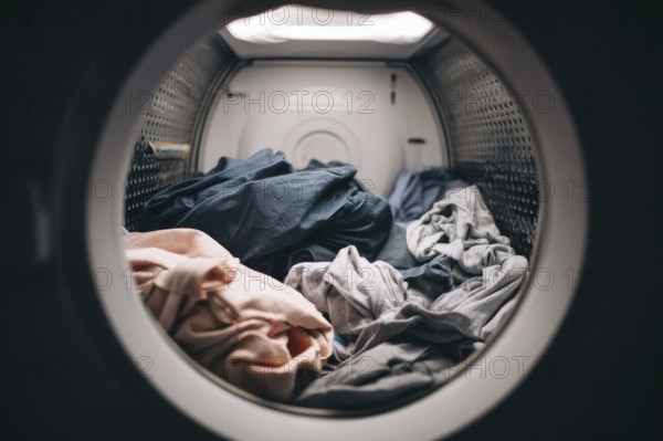 Laundry washing machine, fresh clothes after washing cycle and drying, AI generated