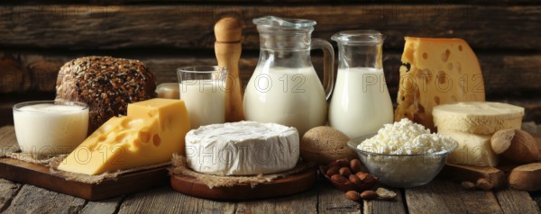 Diary products for good balanced nutrition diet and healthy lifestyle on a wooden rustic boards, AI generated
