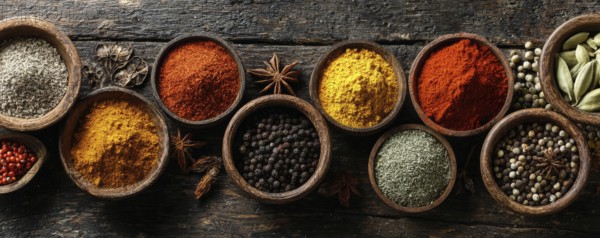 Different spices in bowls on table on rustic dark wooden background. Indian colorful spices for national Indian cousine, AI generated
