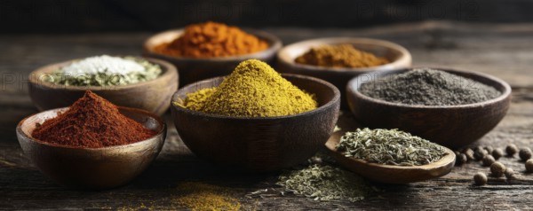 Different spices in bowls on table on rustic dark wooden background. Indian colorful spices for national Indian cousine, AI generated