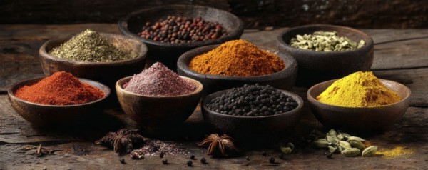 Different spices in bowls on table on rustic dark wooden background. Indian colorful spices for national Indian cousine, AI generated