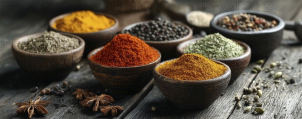 Different spices in bowls on table on rustic dark wooden background. Indian colorful spices for national Indian cousine, AI generated