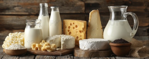 Diary products for good balanced nutrition diet and healthy lifestyle on a wooden rustic boards, AI generated