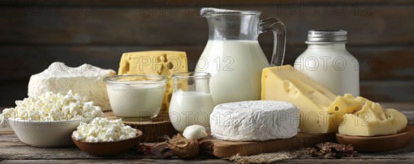 Diary products for good balanced nutrition diet and healthy lifestyle on a wooden rustic boards, AI generated