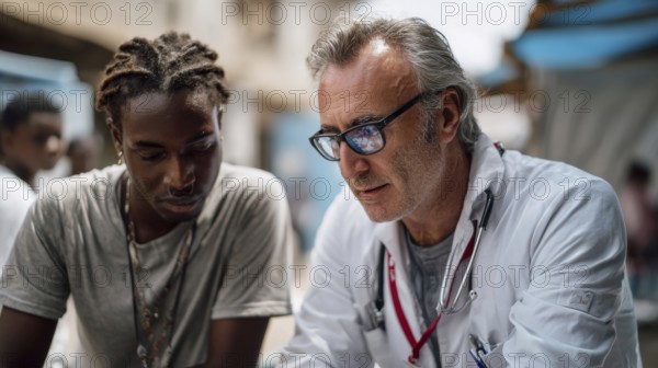 Doctors without borders helping people in refugee camp and assisting in getting medical and humanitarian aid, AI generated