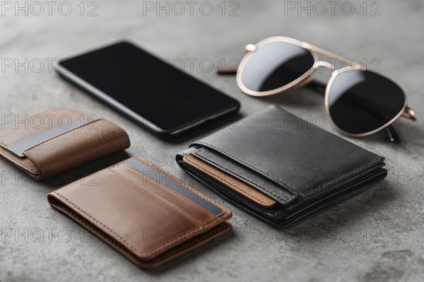 Payment accessories in a flat lay view arranged on a table. Cards, digital wallets and phone payments, AI generated