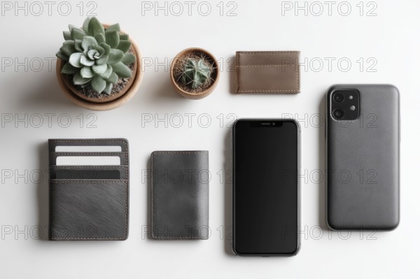 Payment accessories in a flat lay view arranged on a table. Cards, digital wallets and phone payments, AI generated