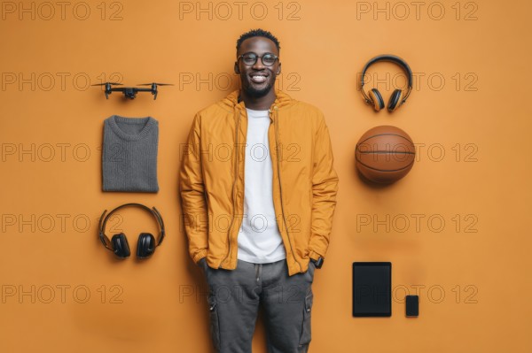Knolling parts, fashionable teenager man. Lifestyle of a creative personality and digital content creator. Flat lay view, AI generated