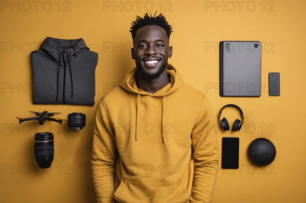 Knolling parts, fashionable teenager man. Lifestyle of a creative personality and digital content creator. Flat lay view, AI generated