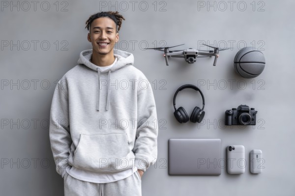 Knolling parts, fashionable teenager man. Lifestyle of a creative personality and digital content creator. Flat lay view, AI generated