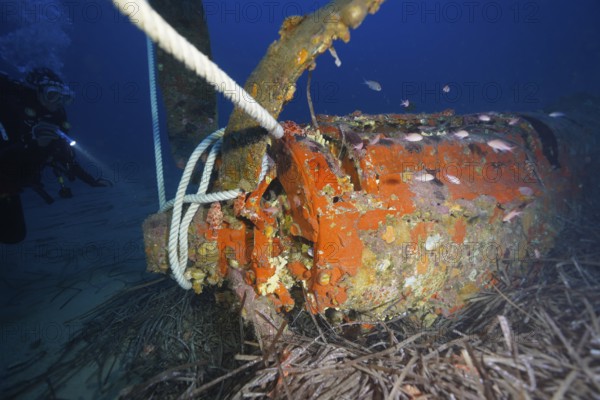 Underwater photo with diver, propeller of an aeroplane and rope in the ocean. Dive site aircraft wreck Mustang P51, Giens peninsula, Provence Alpes Côte d'Azur, France