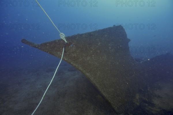 Calm shipwreck with a rope at the bow on the seabed. Dive site wreck Le Vapeur, Giens peninsula, Provence Alpes Côte d'Azur, France