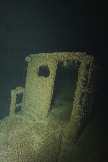 Shipwreck covered with quagga triangle mussels (Dreissena rostriformis bugensis), invasive species, in a dark underwater environment. Dive site wreck of the Jura, Lake Constance, Bottighofen, Switzerland, Münsterlingen, Germany