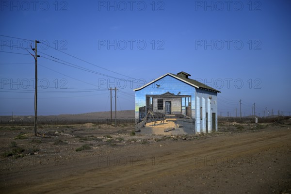 Painted house facade, graffito, brown hyena, diamonds, Oranjemund, Karas region, Namibia