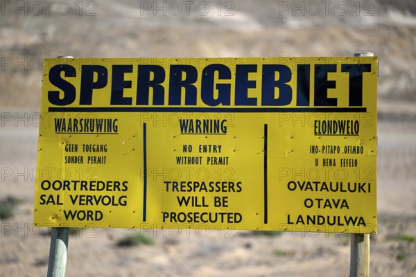Restricted area sign, diamond restricted area, near Oranjemund, Karas region, Namibia