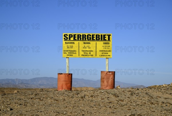 Restricted area sign, diamond restricted area, near Oranjemund, Karas region, Namibia