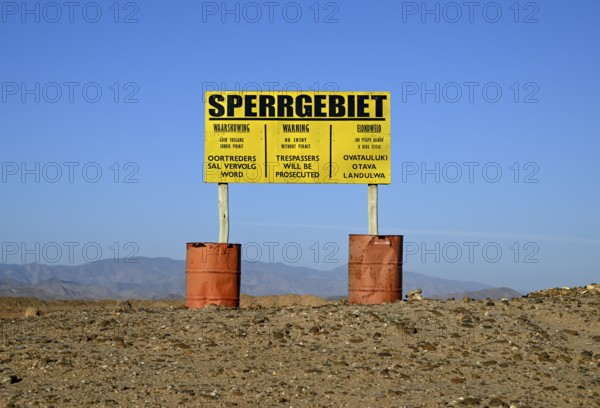 Restricted area sign, diamond restricted area, near Oranjemund, Karas region, Namibia